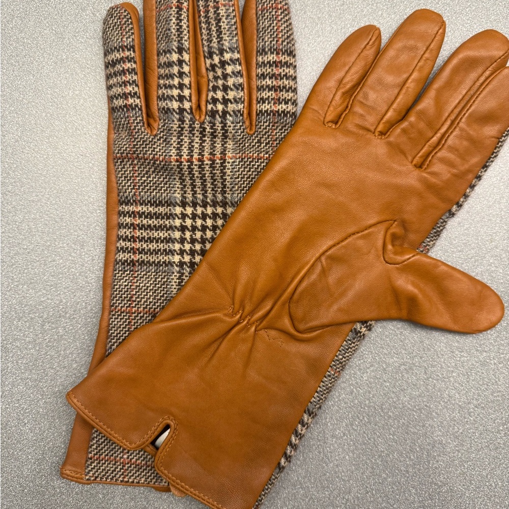 Brown Leather and Plaid Wool Gloves